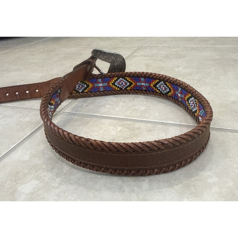 Vtg Southwestern Western Brown Leather Beaded Belt Sz 28 Native American Folk - Picture 9 of 11